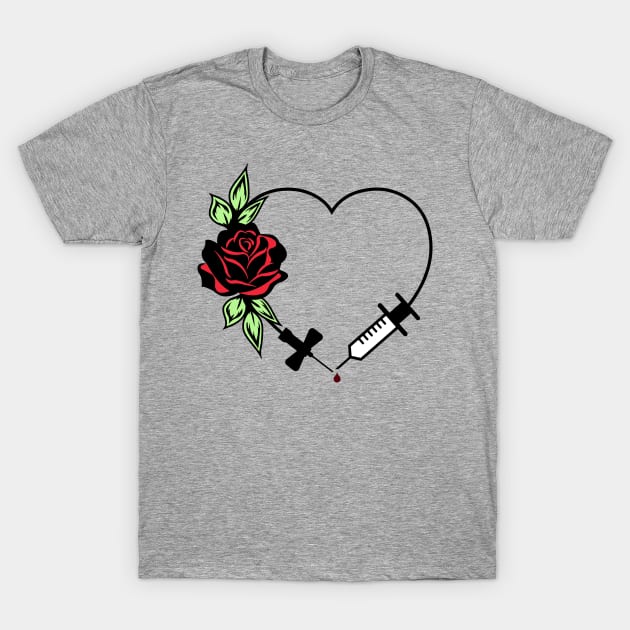 Phlebotomist Appreciation Floral Love Heart with Needle T-Shirt by Caty Catherine